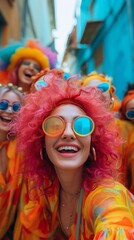 Obraz premium Group of joyful people in vibrant costumes and wigs celebrating, likely at a festive outdoor event, generative ai