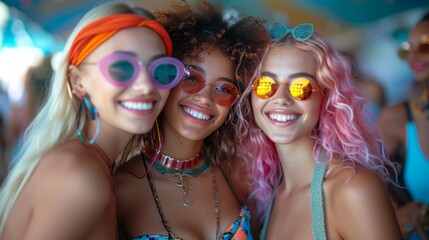 Three happy women with colorful hairstyles wearing sunglasses and festive accessories are posing together at an event, generative ai