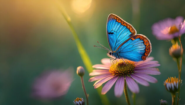 blue butterfly with rhombus-shaped wings pollinating a sunlit flower in close-up