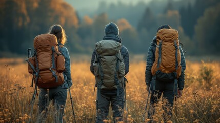 Three hikers with backpacks standing in a field, facing a forest at sunset or sunrise, generative ai - obrazy, fototapety, plakaty