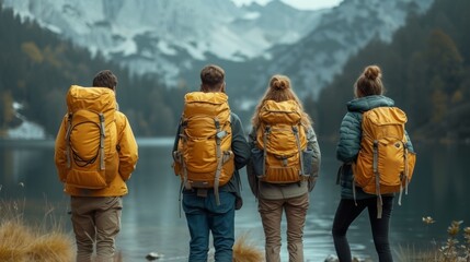 Four hikers with orange backpacks stand before a serene mountain lake surrounded by forested slopes, generative ai - obrazy, fototapety, plakaty