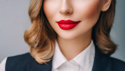 Close-up of Caucasian woman's red lips and soft skin. Beauty and confidence
