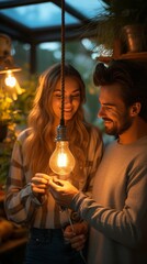 A smiling man and woman together, touching a hanging lit light bulb, in a cozy ambiance, generative ai