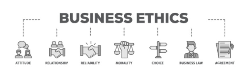 Business ethics banner web icon illustration concept with icon of attitude, relationship, reliability, morality, choice, business law and agreement icon live stroke and easy to edit 