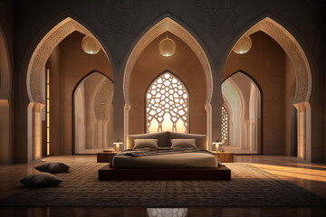 A luxurious bedroom with golden and white tones evokes serenity and tranquility in an Arabian setting. 
