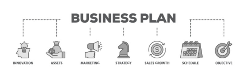 Business plan  banner web icon illustration concept with icon of innovation, assets, marketing, strategy, sales growth, schedule, and objective icon live stroke and easy to edit 
