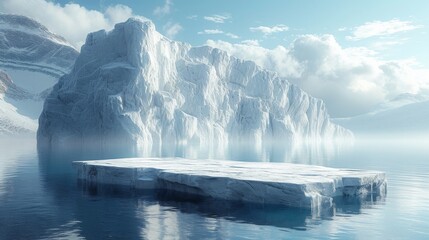 A serene arctic landscape with a large iceberg reflecting on calm waters under a cloudy sky, generative ai