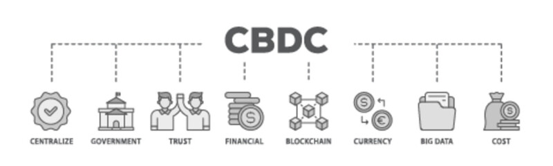 Cbdc banner web icon illustration concept with icon of centralize, government, trust, financial, blockchain, currency, big data and cost icon live stroke and easy to edit 