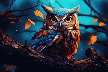 A colorful owl with a yellow eye and blue eyes sits on a branch