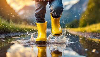 child's feet in yellow rubber boots jumping joyfully in a rain puddle, symbolizing innocence, freedom, and playful exploration