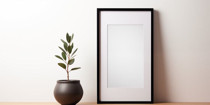 A column picture frame in front of white wall and side indoor plant 