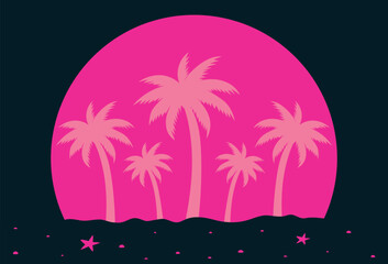 Bright silhouette of palm trees against the background of sunset. Five pink palm trees on a pink background. Abstract design of advertising brochures, banners. Vector illustration.