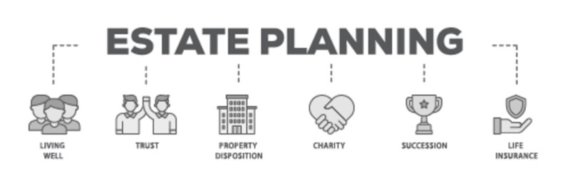 Estate planning banner web icon illustration concept with icon of living well, trust, property disposition, charity, succession, life insurance icon live stroke and easy to edit 