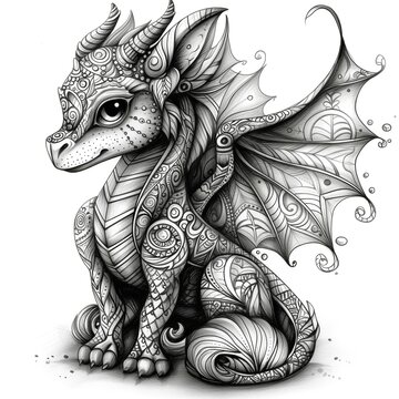Black and white illustration, fairy dragon on white background, generative ai