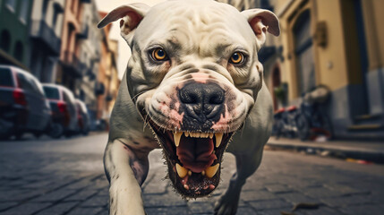 Closeup photography of a dangerous dogo argentino breed barking on the city street, looking at the camera. Angry and aggressive guard pet outdoors, protection and security, open mouth, big jaw teeth