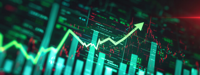 digital graphical representation of a stock market with fluctuating graphs, numerical data, and upward and downward trends, indicating financial analysis or stock trading activity.