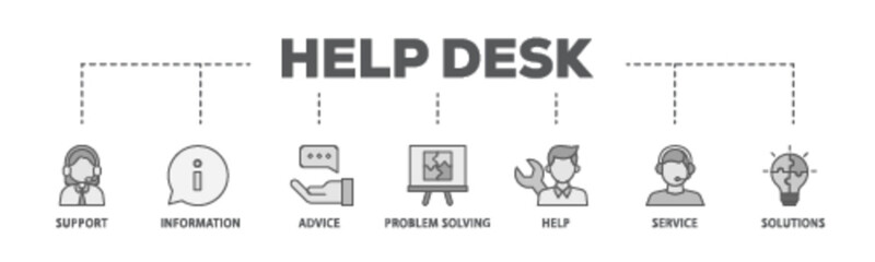 Help desk banner web icon illustration concept with icon of support, information, advice, problem solving, help, service and solutions icon live stroke and easy to edit 