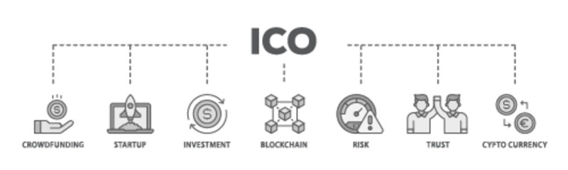 ICO banner web icon illustration concept with icon of crowdfunding, startup, investment, blockchain, risk, trust and cypto currency icon live stroke and easy to edit 