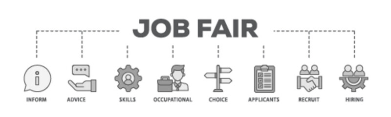 Job fair banner web icon illustration concept with icon of the information, advice, skills, occupational, applicants, recruit, and hiring icon live stroke and easy to edit 