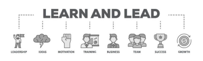 Learn and lead banner web icon illustration concept with icon of leadership, ideas, motivation, training, business, team, success, and growth icon live stroke and easy to edit 