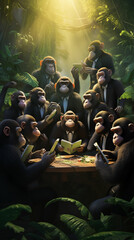 Fototapeta premium A gathering of monkeys seated around a table, engaged in various activities and interacting with one another.