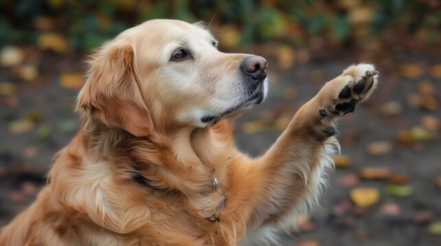 Nice golden retriever closeup photograph outdoors, lovely portrait of a beautiful dog that obeys a command and gives the paw, its complicity and love for its owner is touching, a moving pet picture