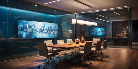 Realistic office meeting space with sleek glass walls, Empty office conference room light modern board meeting office interior with large windows