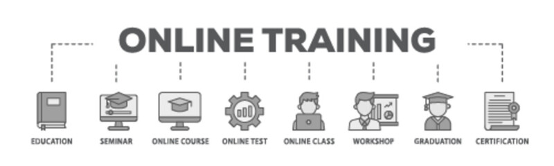 Online training banner web icon illustration concept with icon of education, seminar, online course, online test, online class, workshop, graduation, certification icon live stroke and easy to edit 