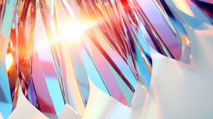 Abstract iridescent foil shards reflecting and refracting light in a kaleidoscope of colors.