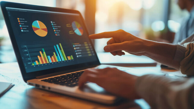 person working on a laptop which displays various colorful charts and graphs indicating some data analytics or business performance metrics.