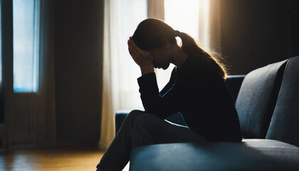 Depressed woman, silhouette, hands covering face, despair, sadness, loneliness, mental health, emotional pain