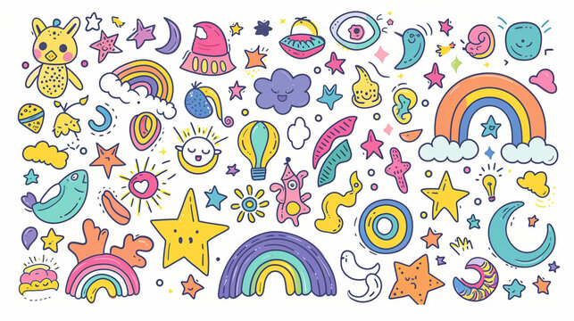 An explosion of vibrant colors and playful shapes in a funky retro-hippie design, perfect for children's toys, decorations, and stickers.