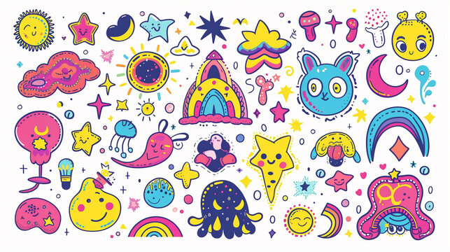 A vibrant collection of cartoon characters and retro designs perfect for stickers, toys, and children's decor