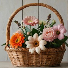 Fototapeta na wymiar beautiful bouquet of bright flowers in basket on wooden table