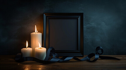 A solemn tribute: A funeral frame adorned with flickering candles and a somber black ribbon, set upon a weathered wooden table amidst the darkness.