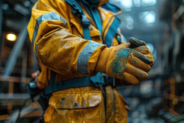 Professional construction workers wear industrial gloves before starting work at the construction site.