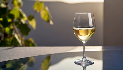 Elegant glass of white wine on glossy surface, soft background, reflecting sunlight
