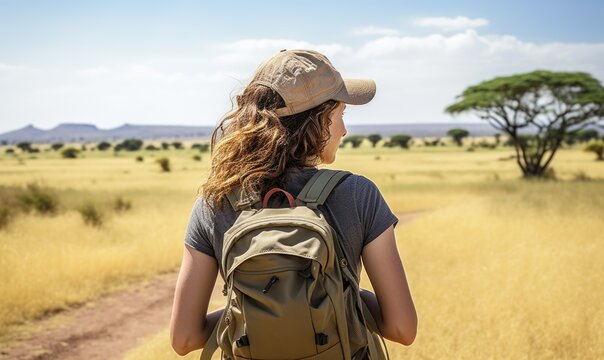 African Wilderness Day: Happy Tourist Woman, 45-50 Years Old, Explores the Serengeti National Park on a Safari Adventure, Surrounded by Wildlife and Iconic Acacia Trees.





