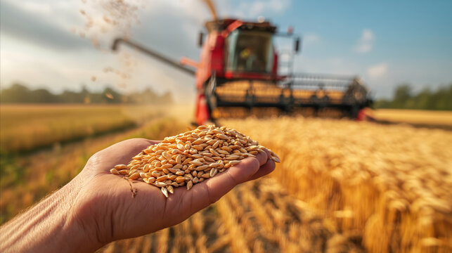 A hand firmly grasps a handful of grain in front of a powerful tractor, showcasing the connection between farming and machinery.
