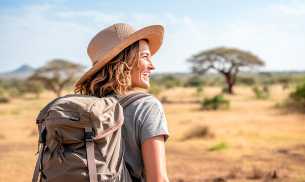 African Wilderness Day: Happy Tourist Woman, 45-50 Years Old, Explores the Serengeti National Park on a Safari Adventure, Surrounded by Wildlife and Iconic Acacia Trees.





