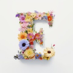 Flower alphabet letter E isolated on a white backdrop. Spring colorful concept. Soft pastel color blooming flowers with clean background.