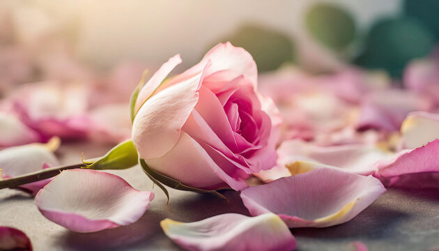 Soft-hued fallen pink rose petals on surface, symbolizing beauty's transient nature