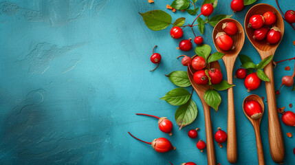 Fresh Rose Hip Berries and Leaves adorn wooden spoons on a blue background. - Powered by Adobe