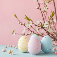 Happy Easter. Congratulatory easter background. Easter eggs and flowers on pink. - 732661772