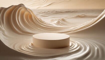 Beige pedestal for product display with cream waves, symbolizing elegance and purity