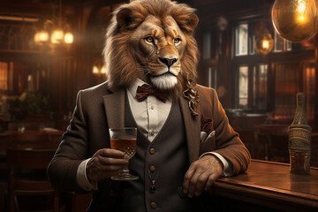 Lion in costume in bar with beer, intrapomorphic animals