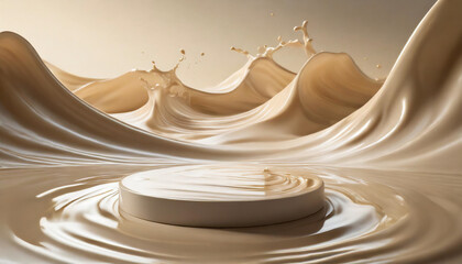 Beige pedestal for product display with cream waves, symbolizing elegance and purity