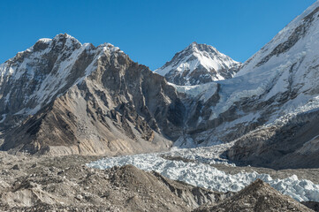 View of Khumbutse and Changtse Mountains, Lho La pass and Khumbu Glacier from Everest Base Camp during EBC or Three Passes trekking in Khumjung, Nepal. Highest mountains in the world.