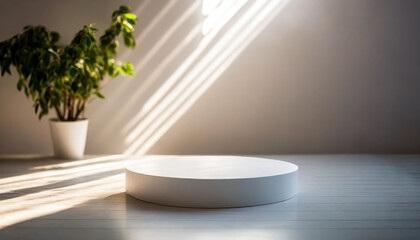 Minimalist white podium in sunlit room, perfect for product showcasing