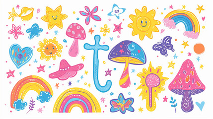 A set of groovy and funky elements featuring an assortment of cartoon characters, doodles, and retro designs, perfect for adding a touch of nostalgia to your decorations or accessories.